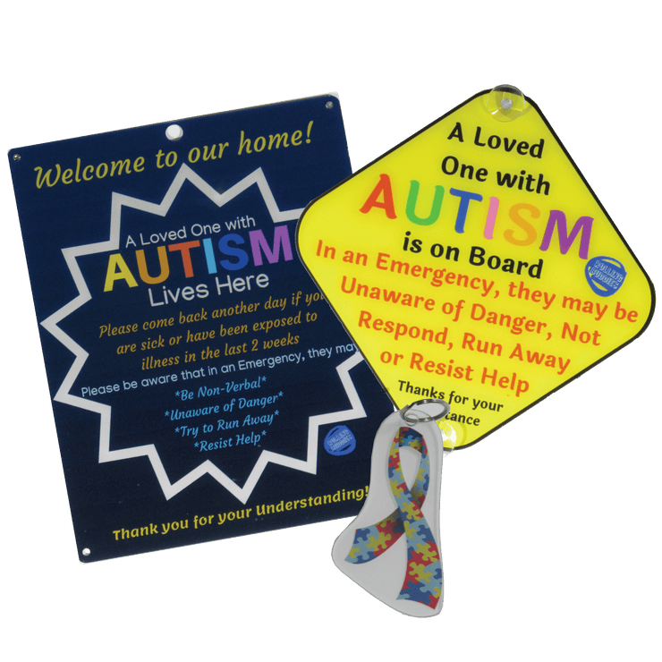 Ultimate Bundle Keychain, Dark Blue Autism Plastic Door Sign and Plastic Car Sign