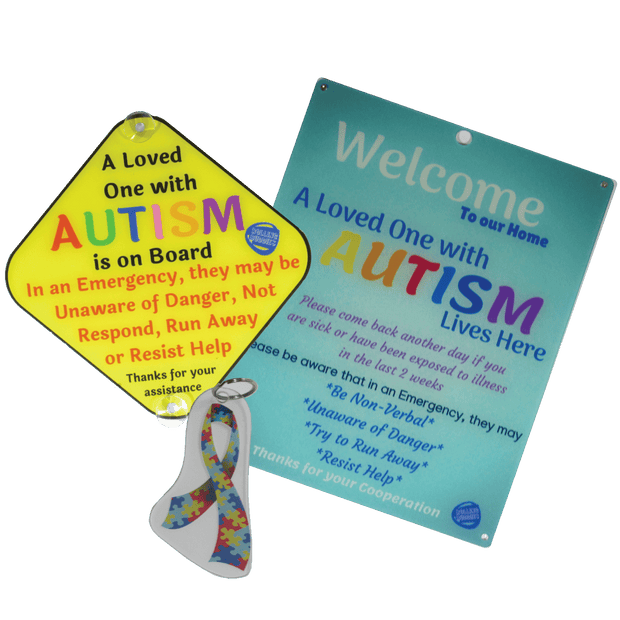 Ultimate Bundle Keychain, Light Blue Autism Plastic Door Sign and Plastic Car Sign